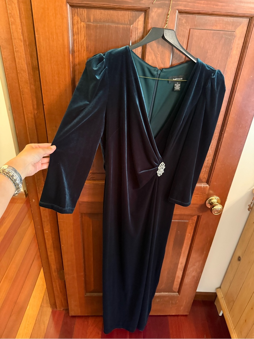 Velvet Deep Teal Wrap Dress with Brooch Accent